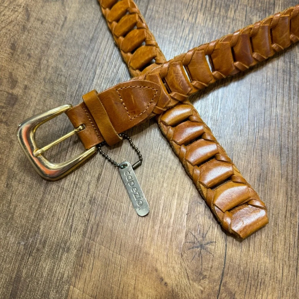 Vtg Capezio Womens 90s Style Leather Woven Link Belt Sz M/L Brown Leather